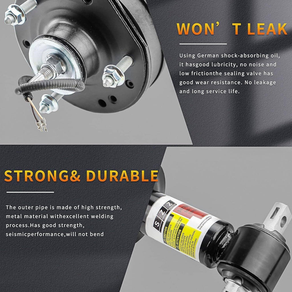 Black shock strut assembly with reservoir label, mounting studs, and coil spring