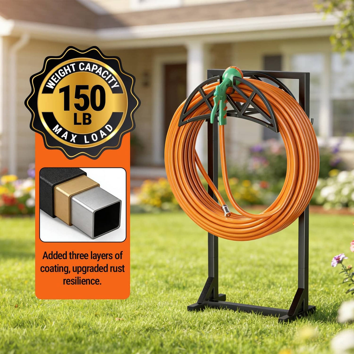 Garden hose holder stand holding orange coiled hose on black base with green nozzle.