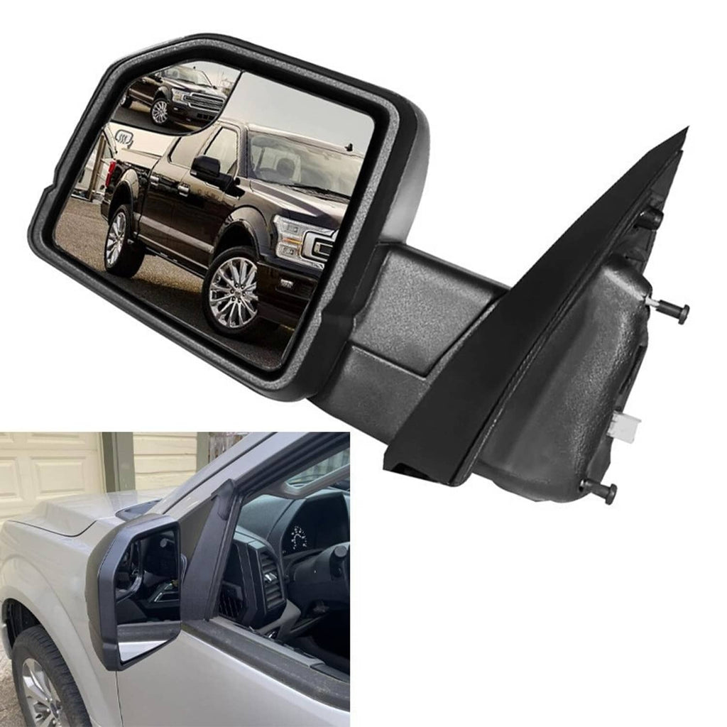 Passenger side heated towing mirror with black housing, glass, and mounting bracket