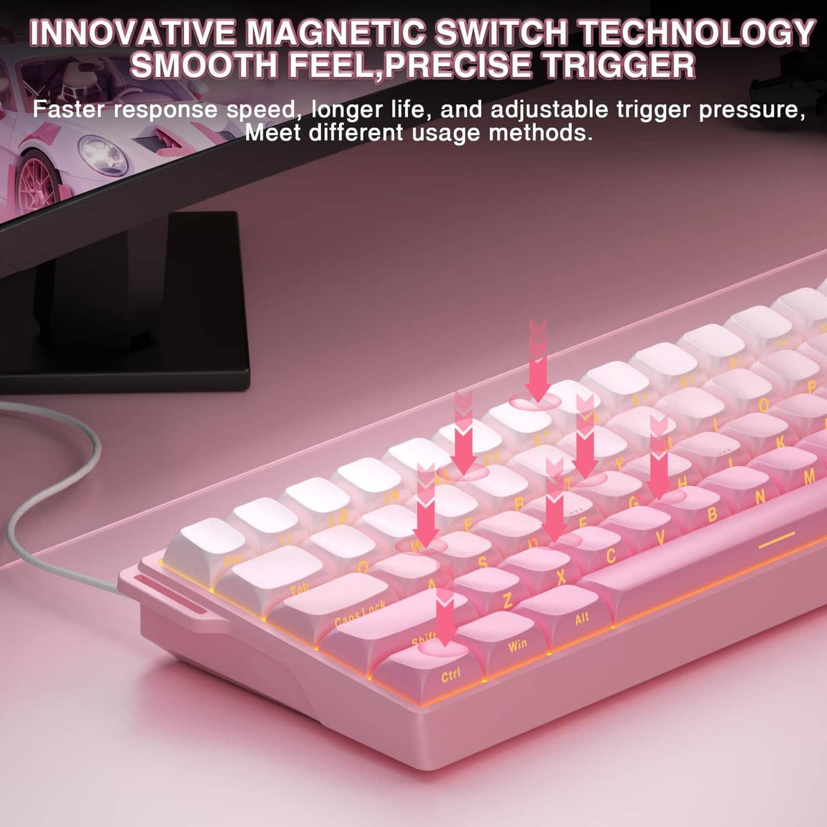 Pink mechanical gaming keyboard with RGB-lit key switches along the top edge