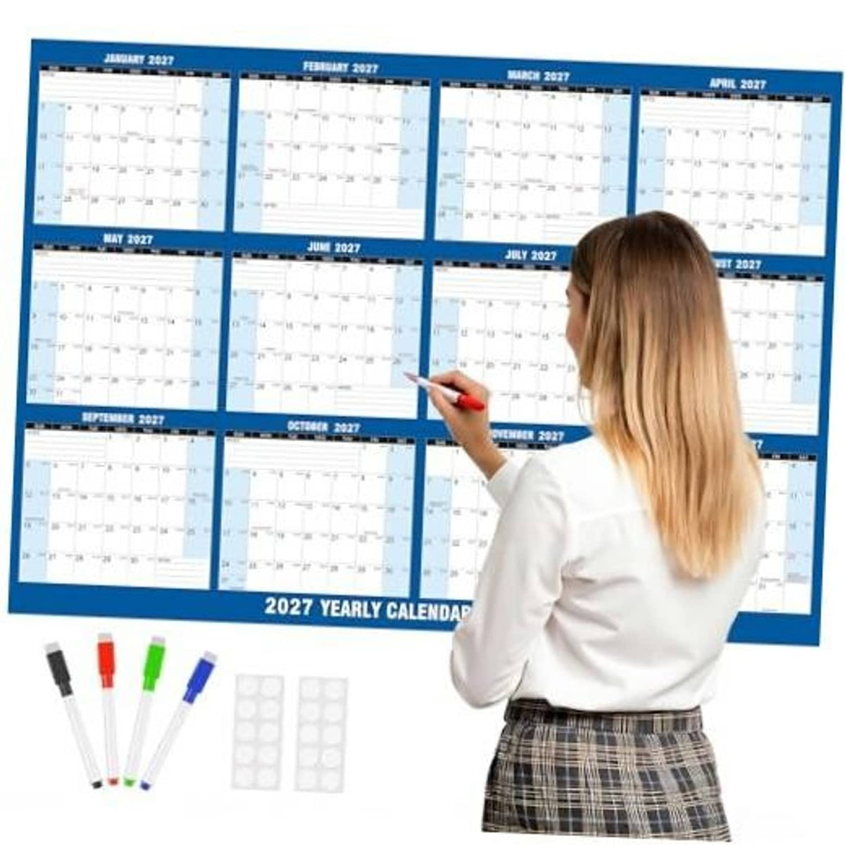 Large blue wall calendar with monthly grids for 2027, erasable wet/dry laminated