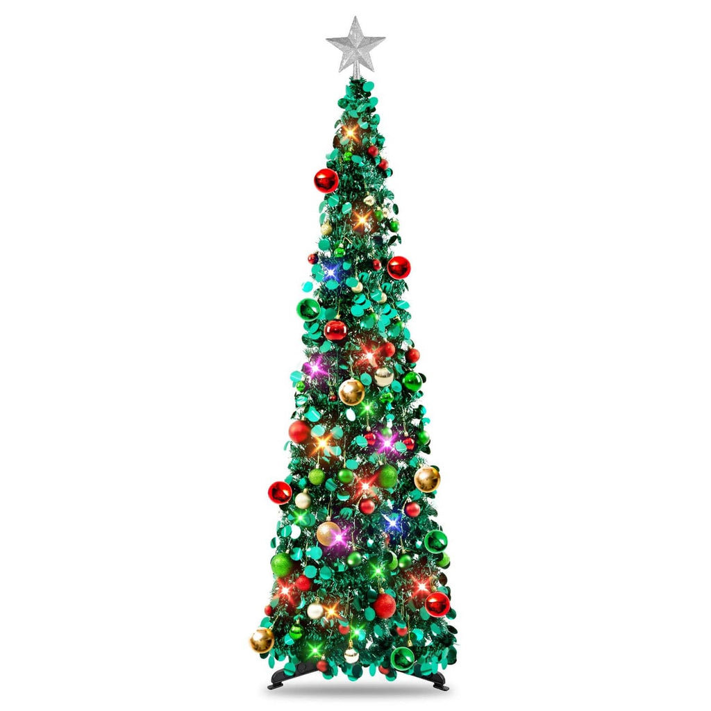 Prelit Christmas tree with star topper, green branches and colorful bauble ornaments