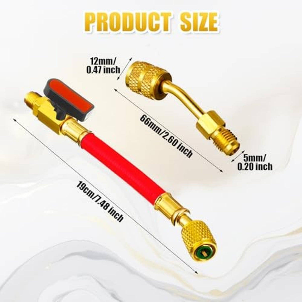 Red, yellow, and blue hoses with brass ends and black valve mounts for refrigeration