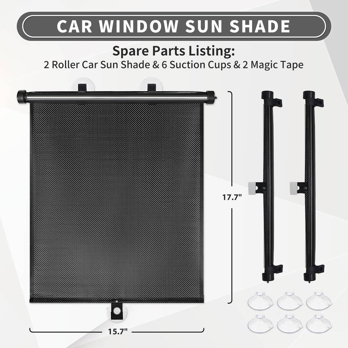 Black roller car window sun shade with dimensions and included suction cups