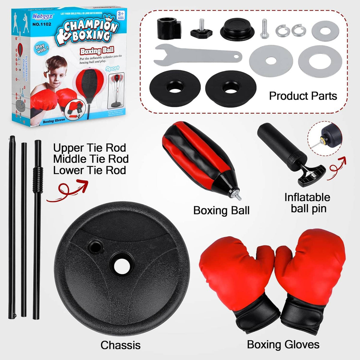Kids boxing ball set parts: red gloves, inflatable ball, rods, and base discs
