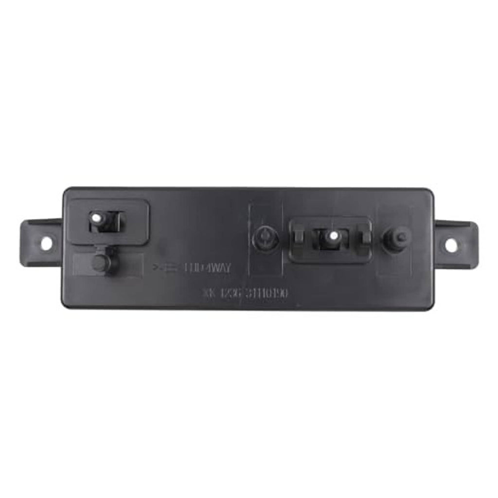 Black power seat switch module back panel with mounting holes and service socket