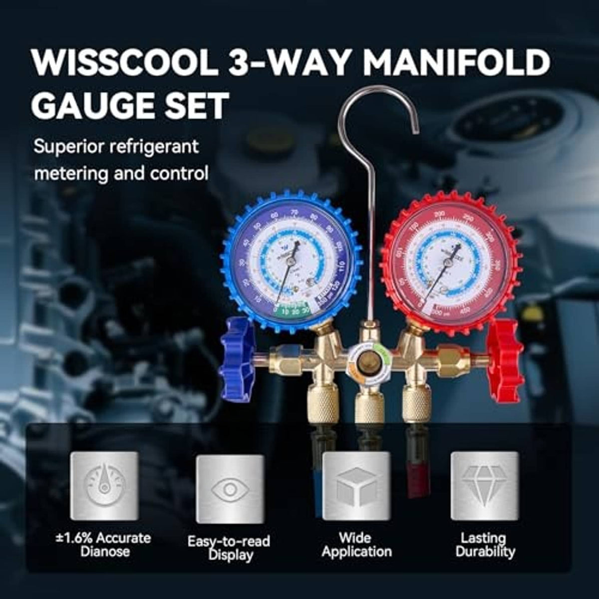 3-way HVAC manifold gauge set with blue and red dials, steel hook, and control manifold