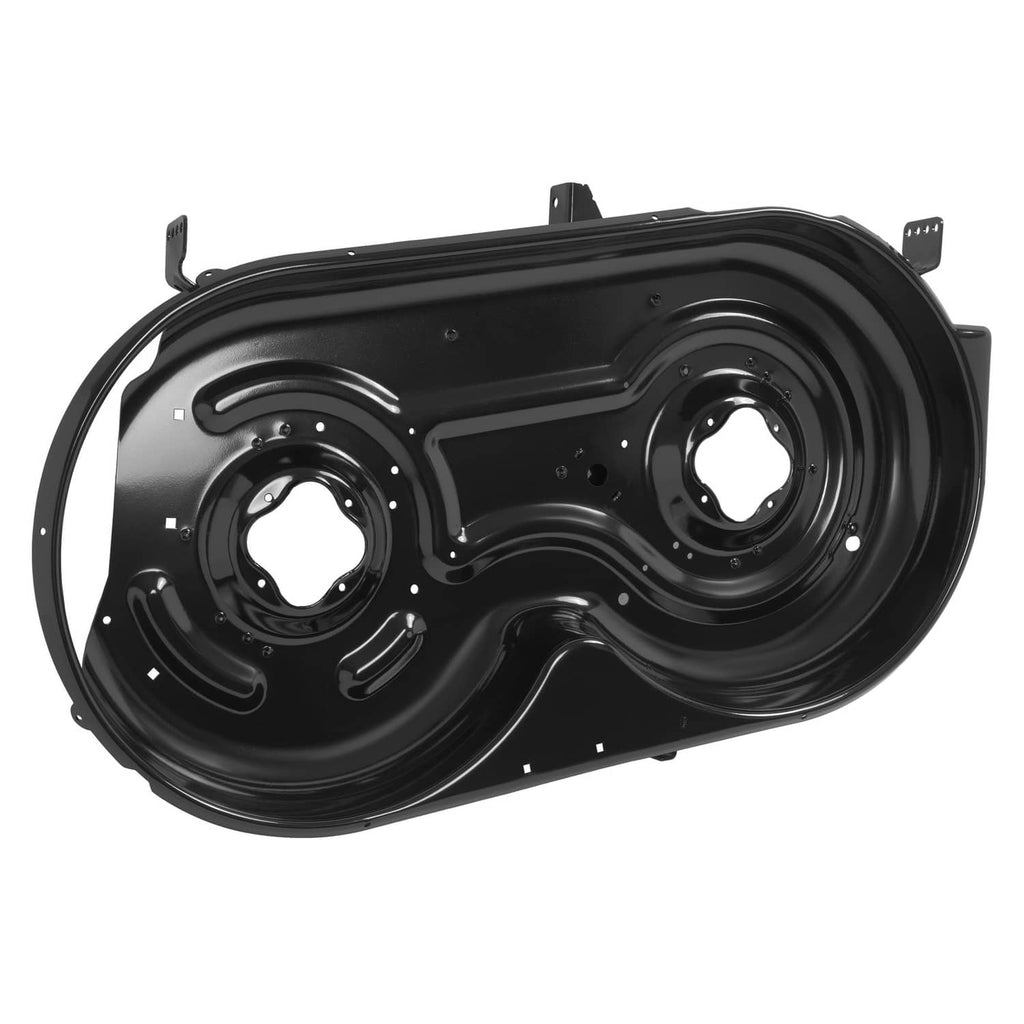 Black mower cutting deck assembly with curved ribs, dual blade holes, and side mounting tabs