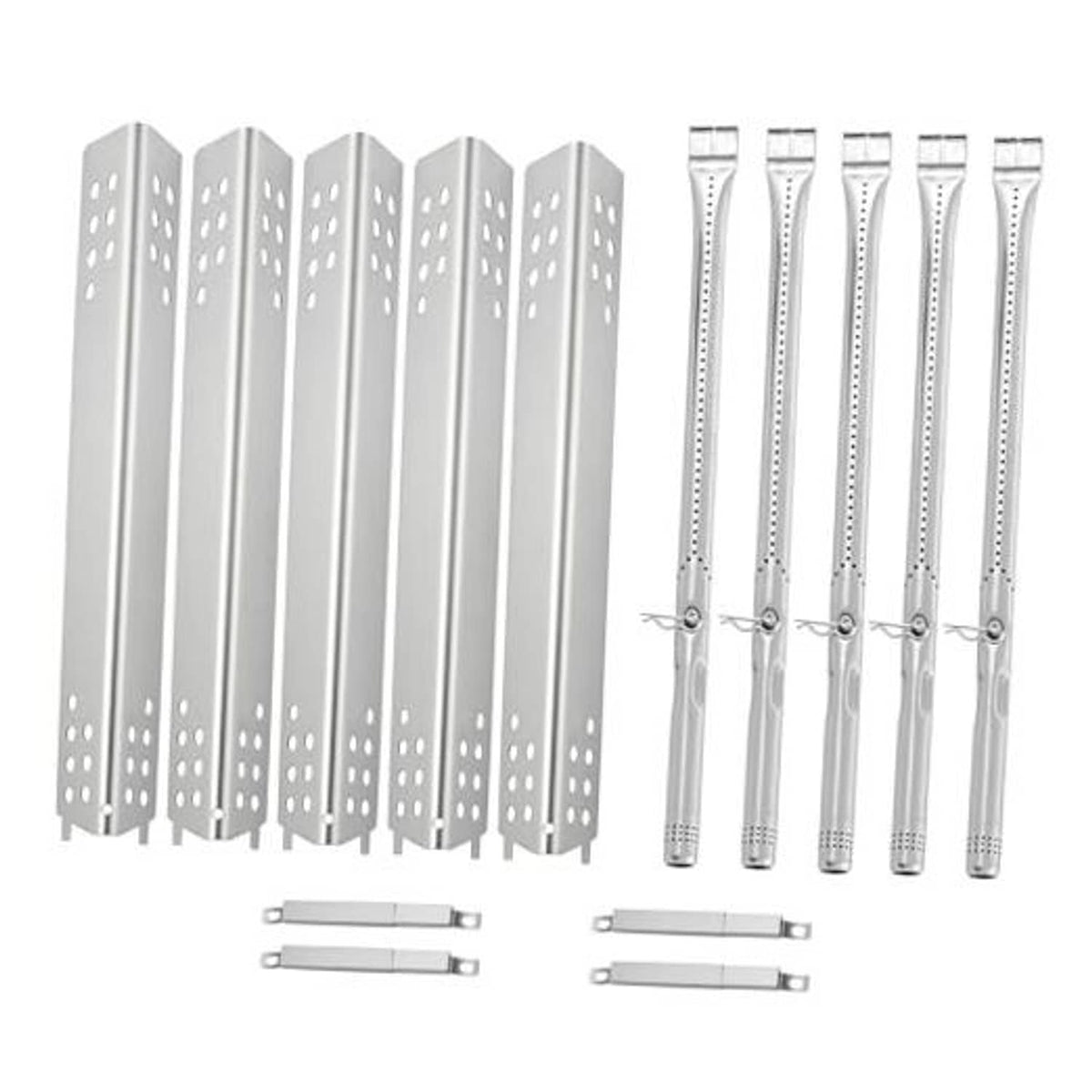 Stainless steel grill burner tube and shield replacement set for 5-burner grills