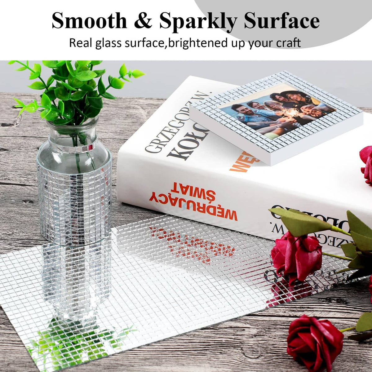 Silver mirror mosaic tile sheet with fine grid, smooth sparkly surface for crafts
