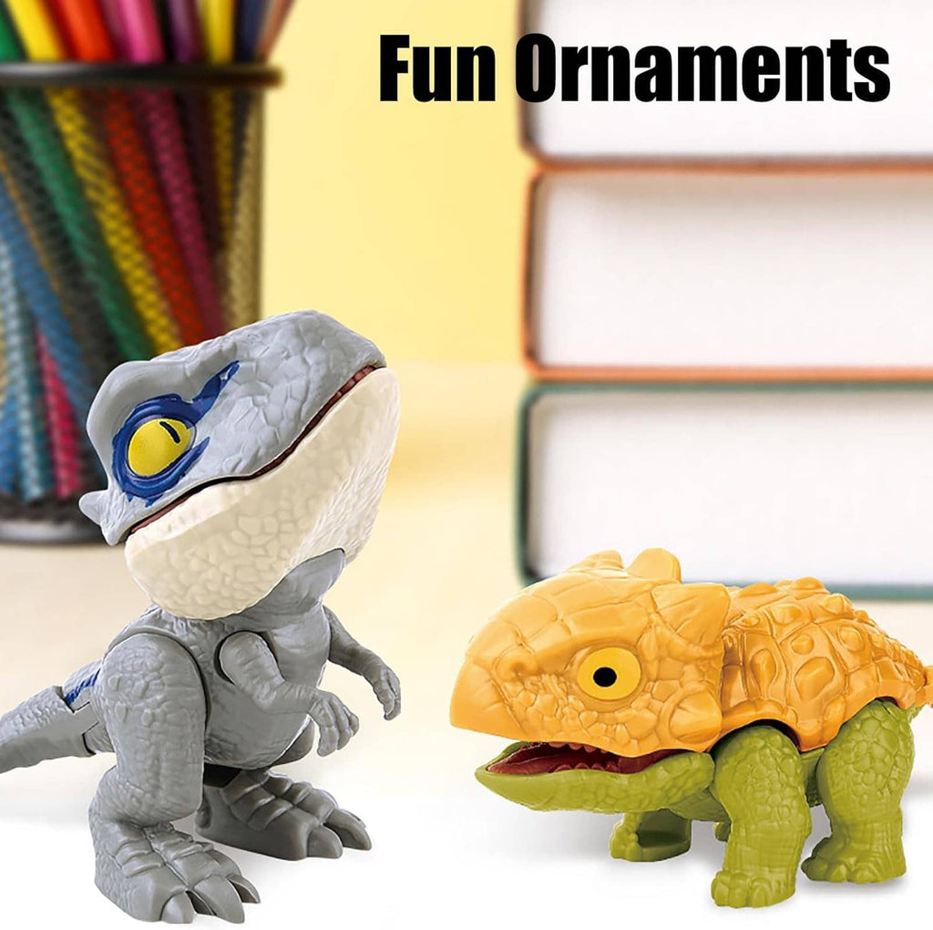 Gray and orange biting finger dinosaur toy figures with molded teeth and eyes