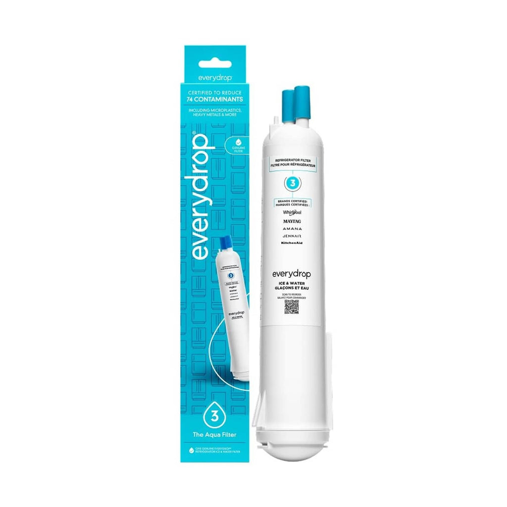 everydrop® water filter cartridge, white with blue cap, shown with retail box