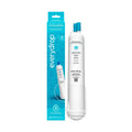 everydrop® water filter cartridge, white with blue cap, shown with retail box