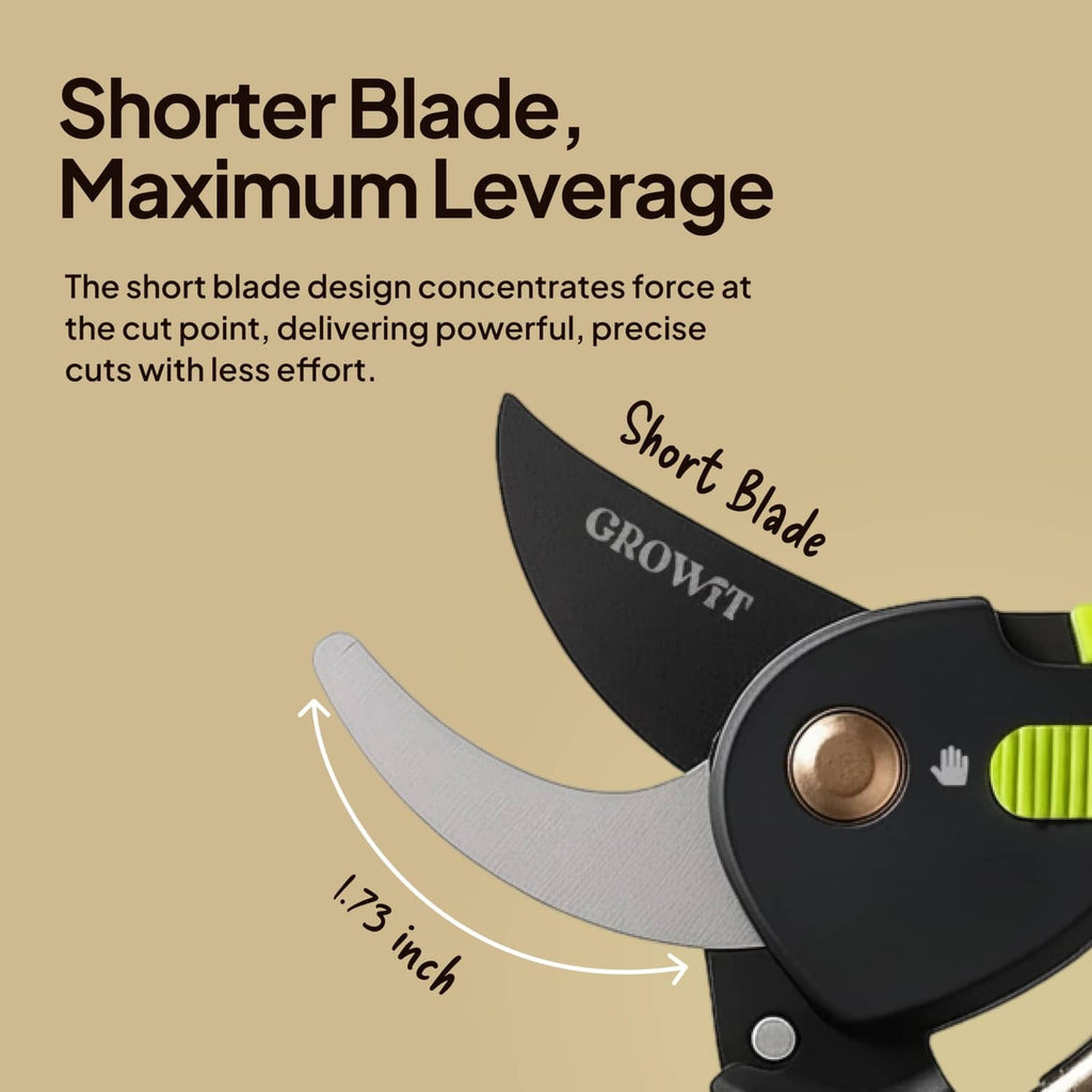 Bypass pruning shears with short curved blade and green grip, cutting edge view