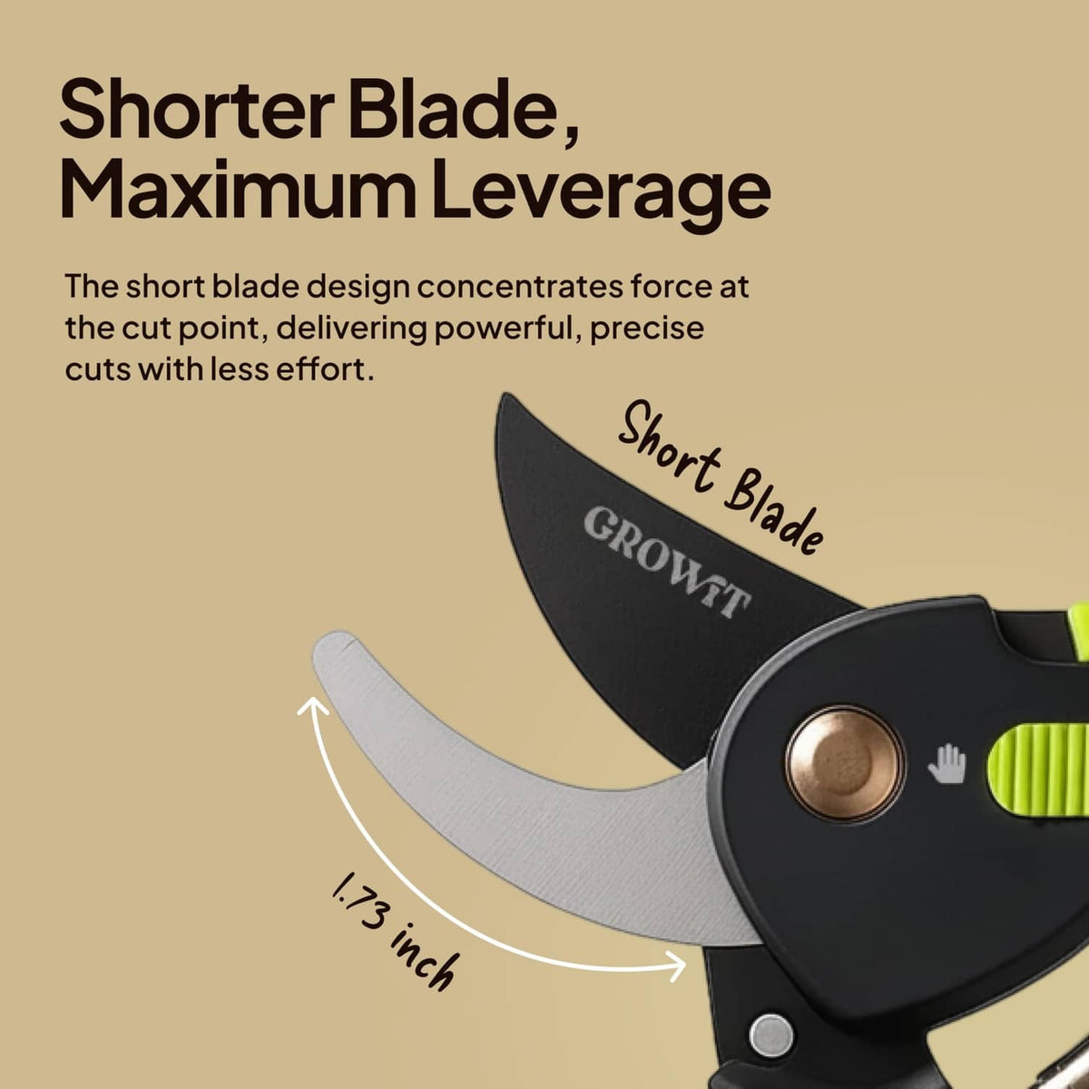Bypass pruning shears with short curved blade and green grip, cutting edge view