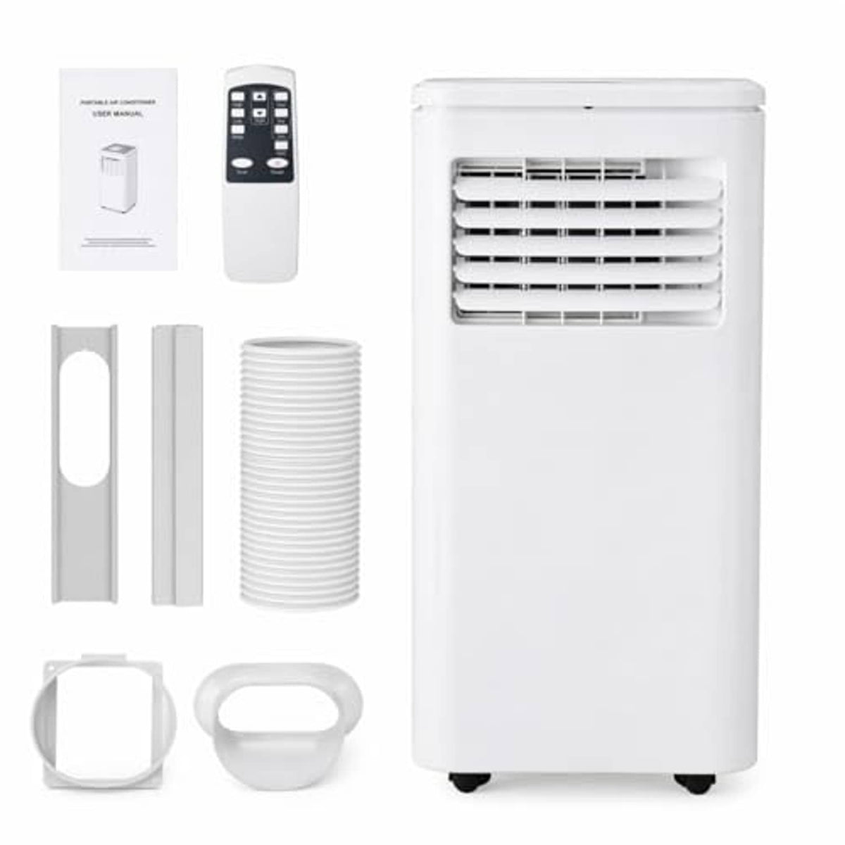 White portable air conditioner standing with front vent grille and remote control accessories