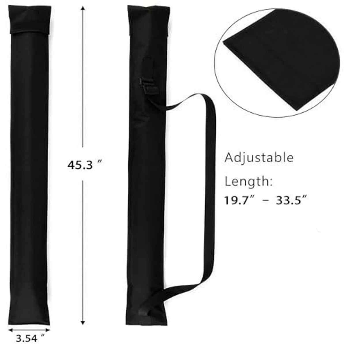 Black collapsible cue case with adjustable strap, long tube storage pocket