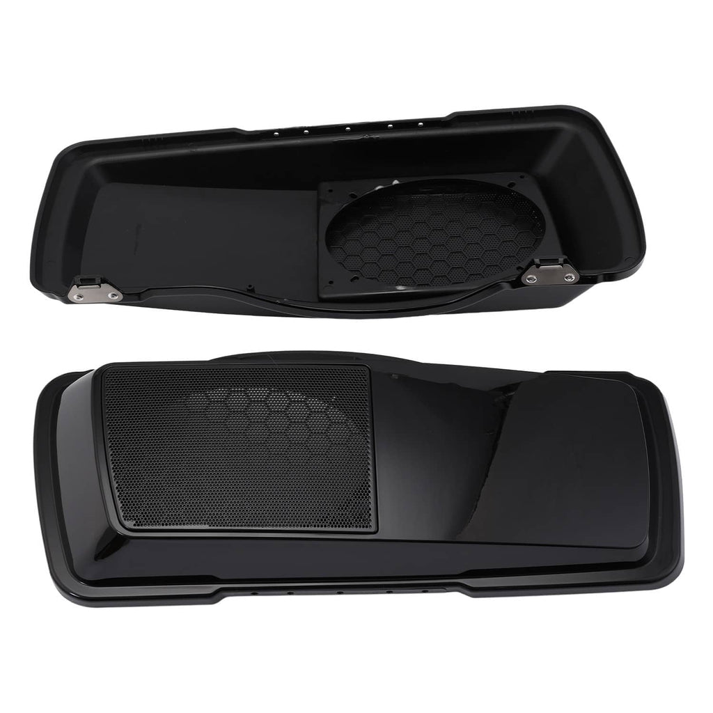 Open black hard saddlebag speaker cover set with grille mesh and mounting brackets