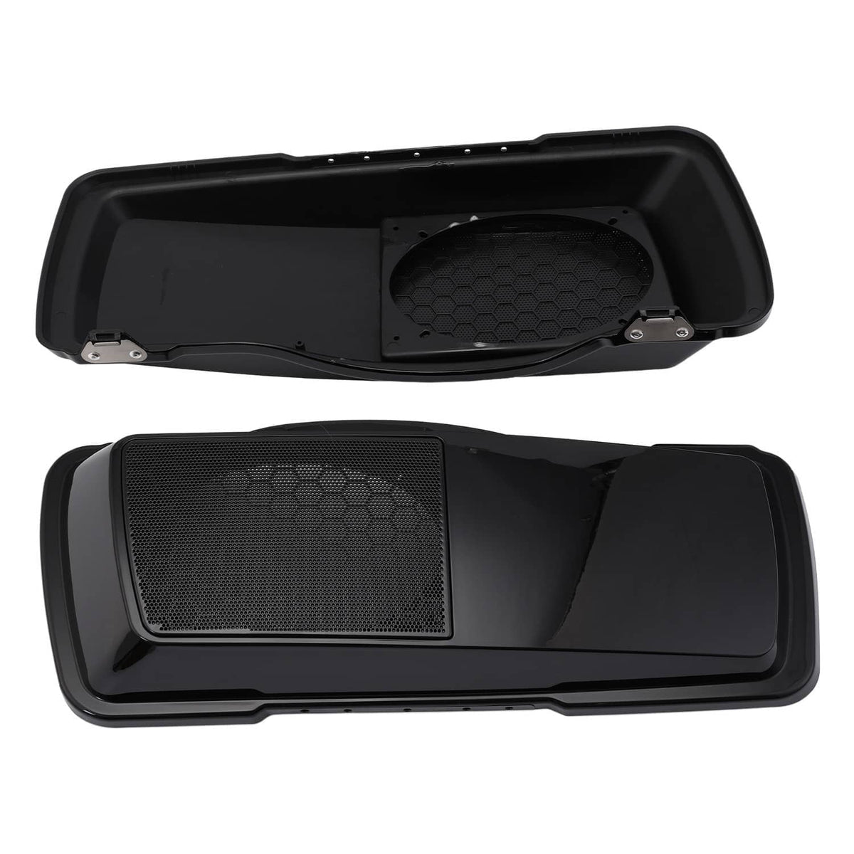 Open black hard saddlebag speaker cover set with grille mesh and mounting brackets