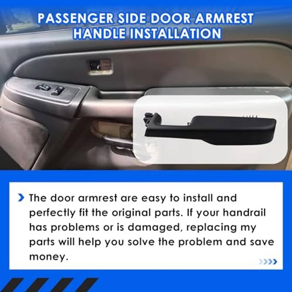 Passenger side door armrest handle installed on door panel, black handle