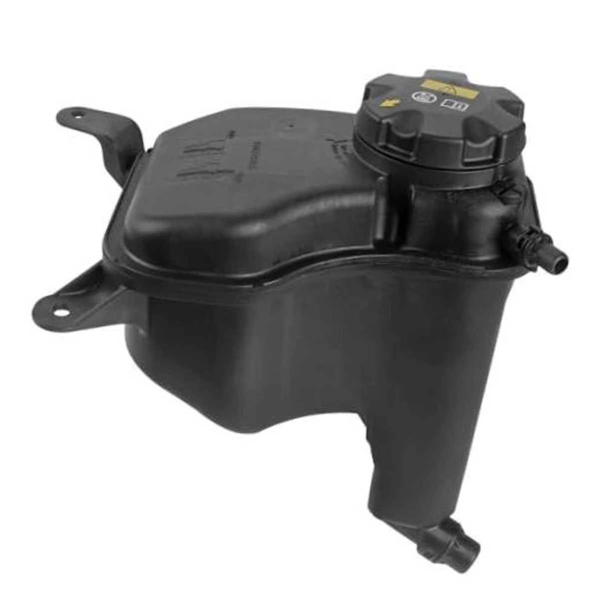 Black engine coolant expansion tank with twist cap and mounting bracket