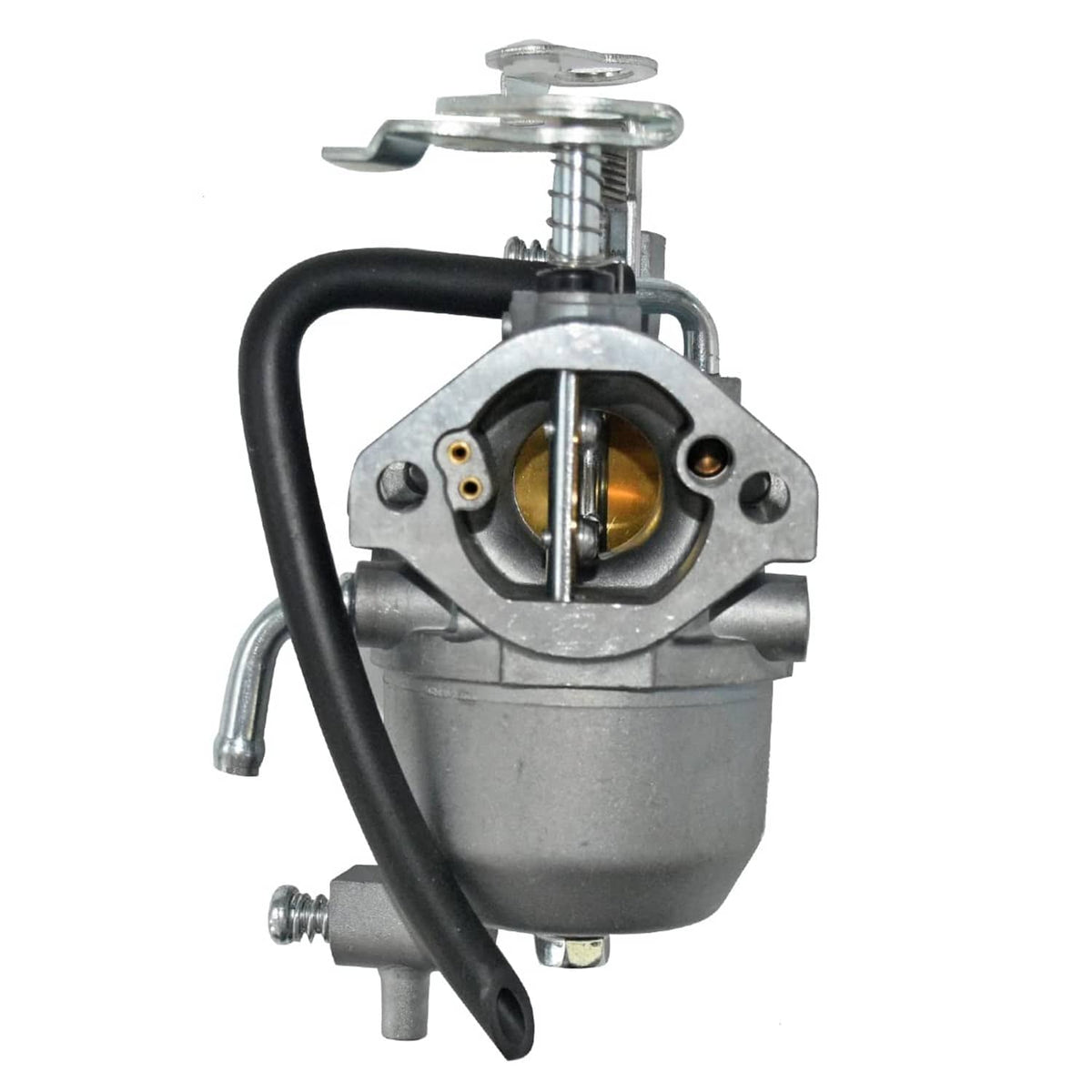 Carburetor assembly with enclosed intake housing, brass valve, and black fuel line
