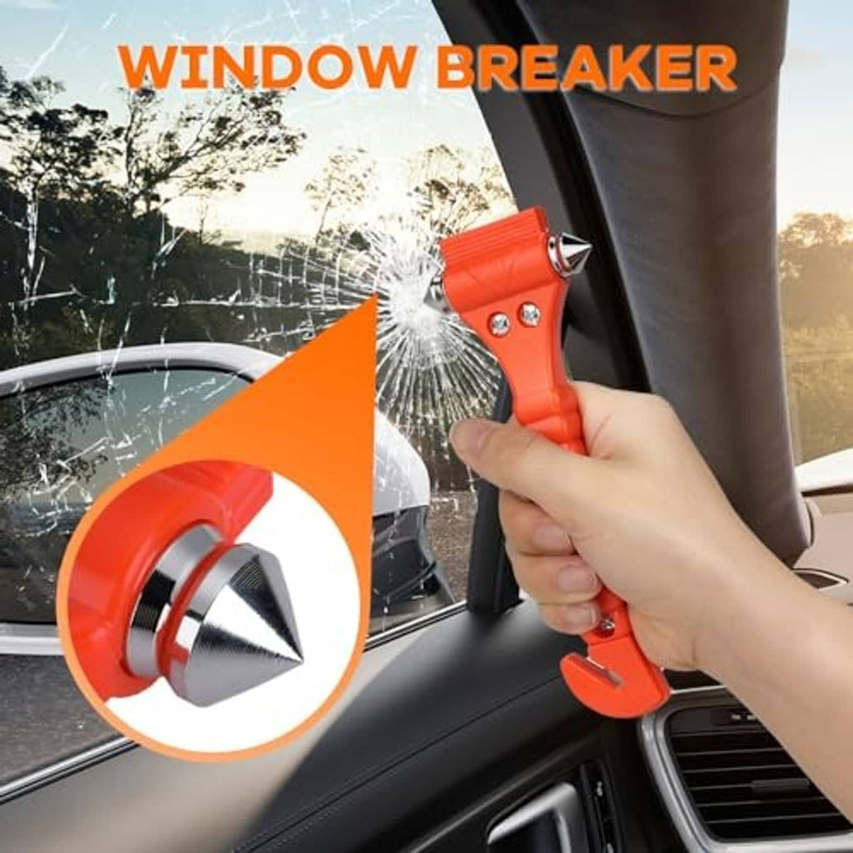 Emergency car safety hammer with orange body and metal window-break tip