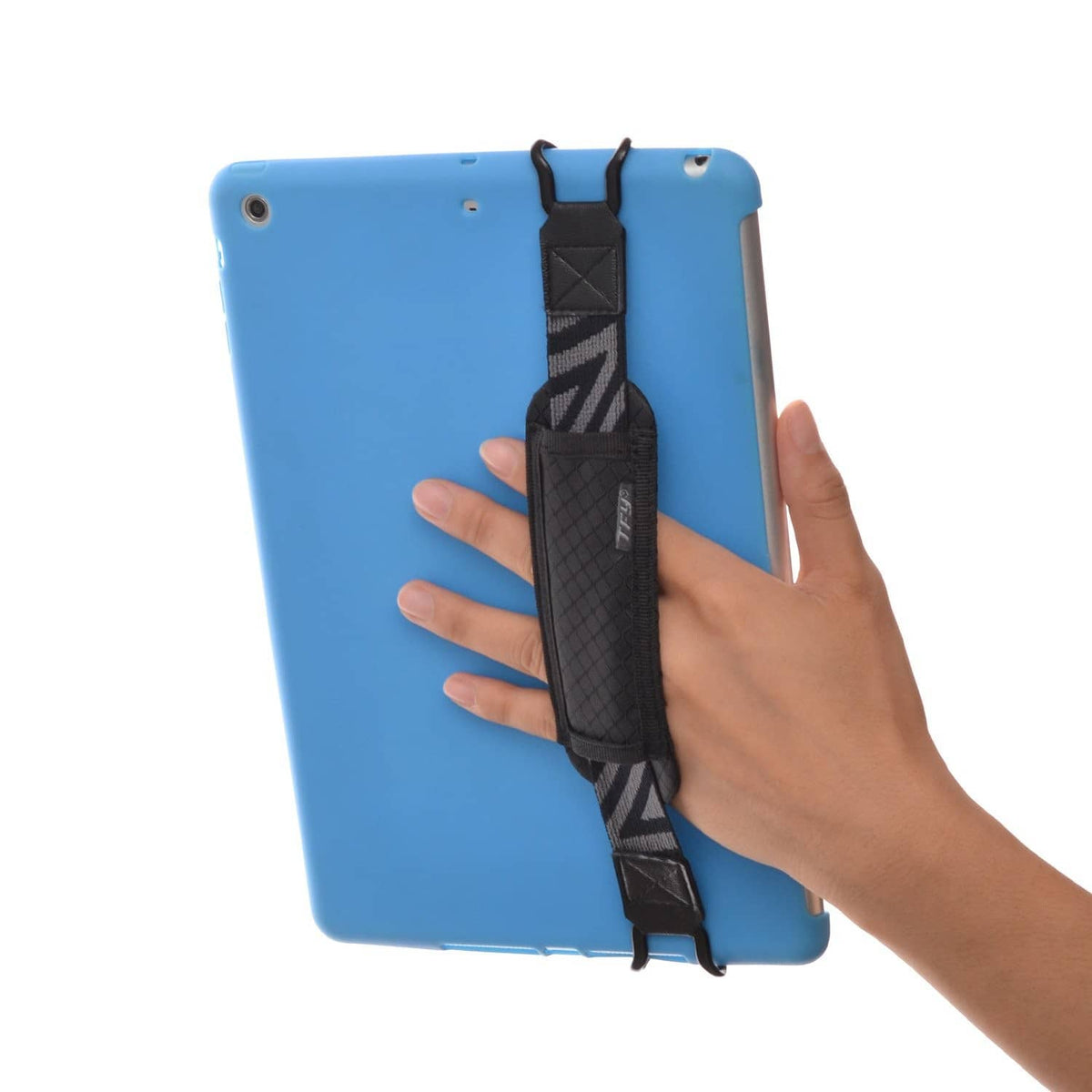 Tablet security hand strap holder attached to blue tablet back with black strap