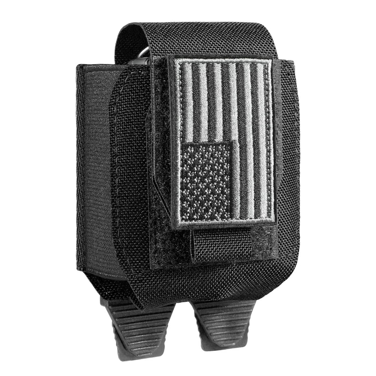 Black Molle handcuff pouch with front striped patch window and hook-and-loop closure