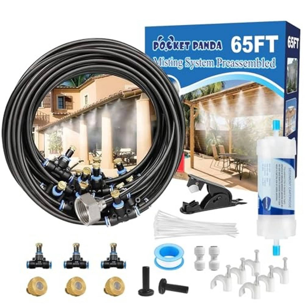Pre-assembled 65 ft misting hose kit with coiled black line, connectors, and nozzles