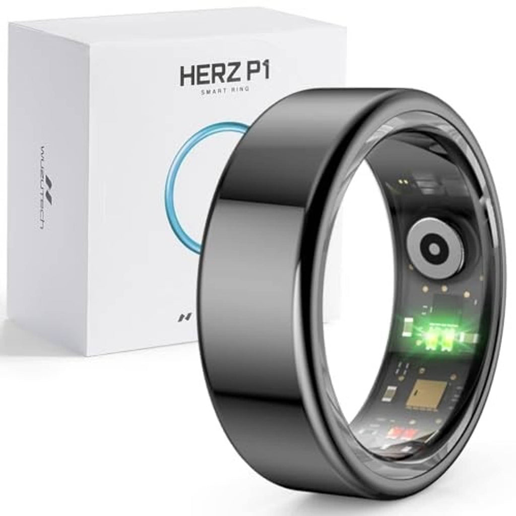 Black smart ring, close-up side view with circular sensor display