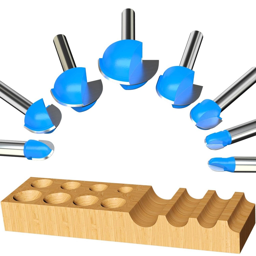 Cove box router bit set arranged above a wood board with multiple cove grooves