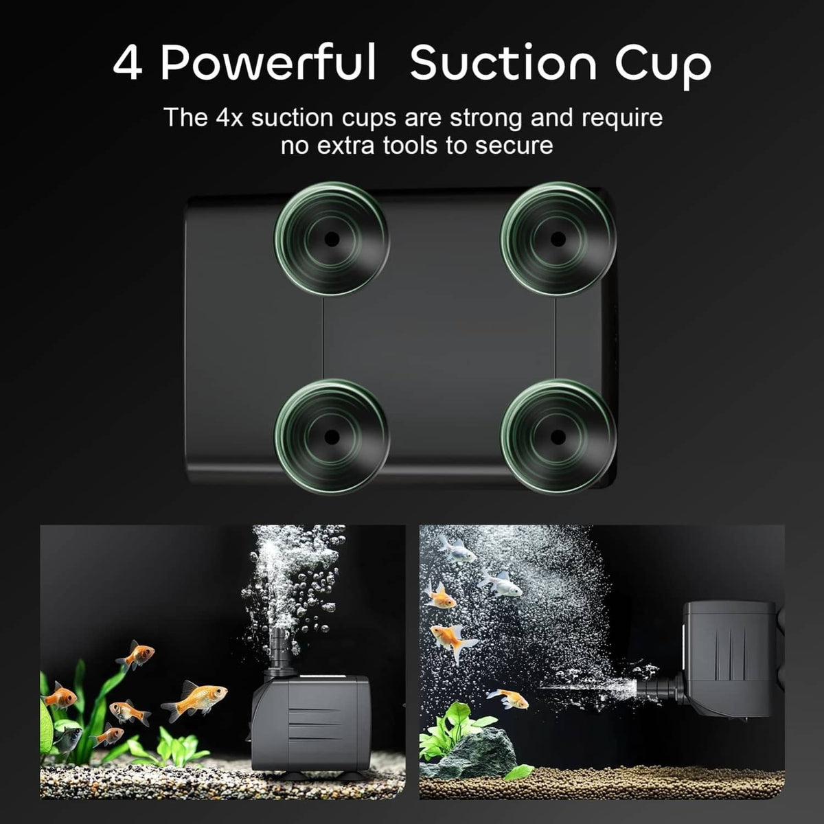 Black submersible water pump with four suction cups for aquarium mounting