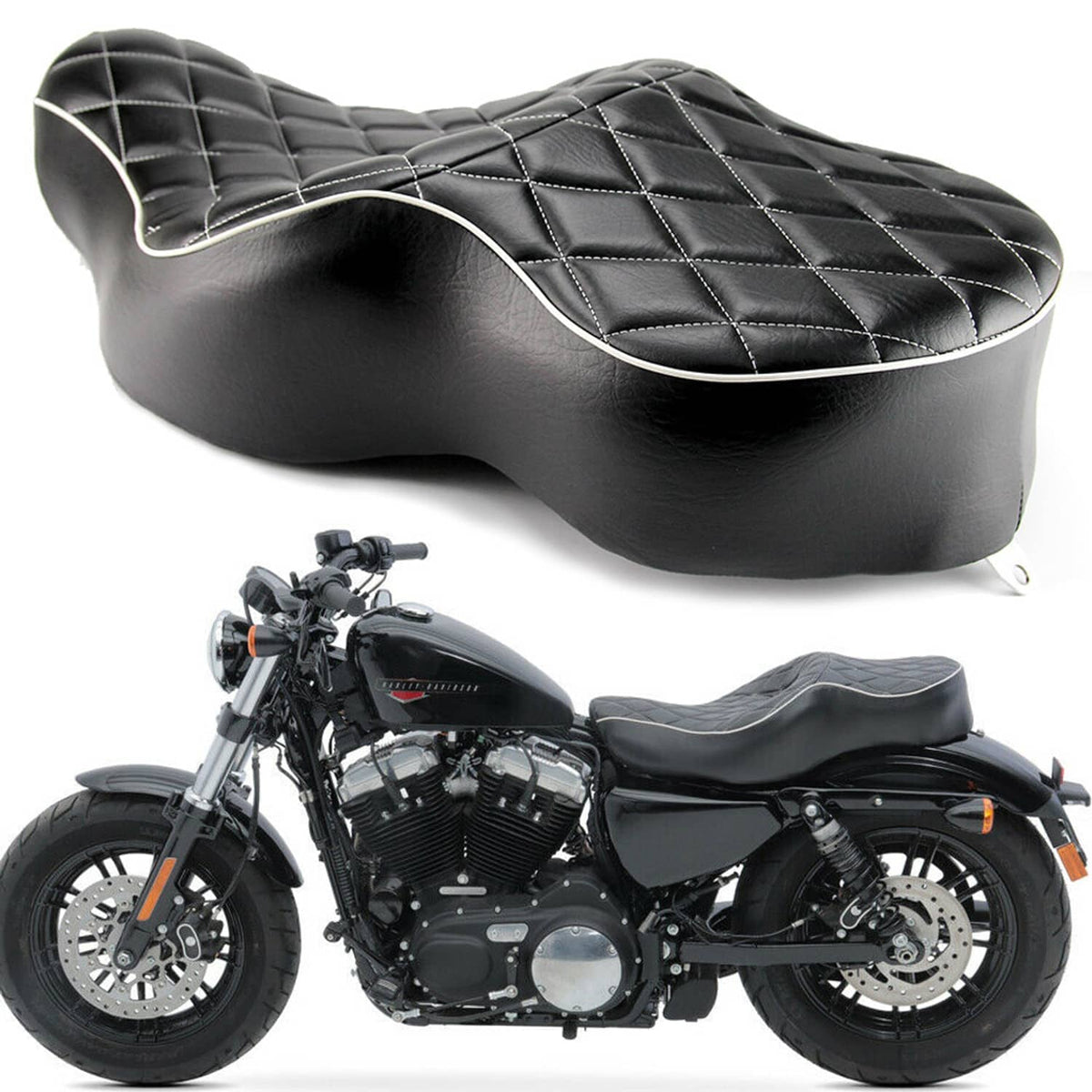 Black two-up motorcycle seat cushion on a motorcycle, showing quilted seat panels