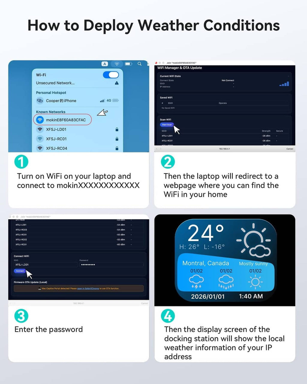 USB-C docking station showing weather condition display, illustrated setup steps and icons