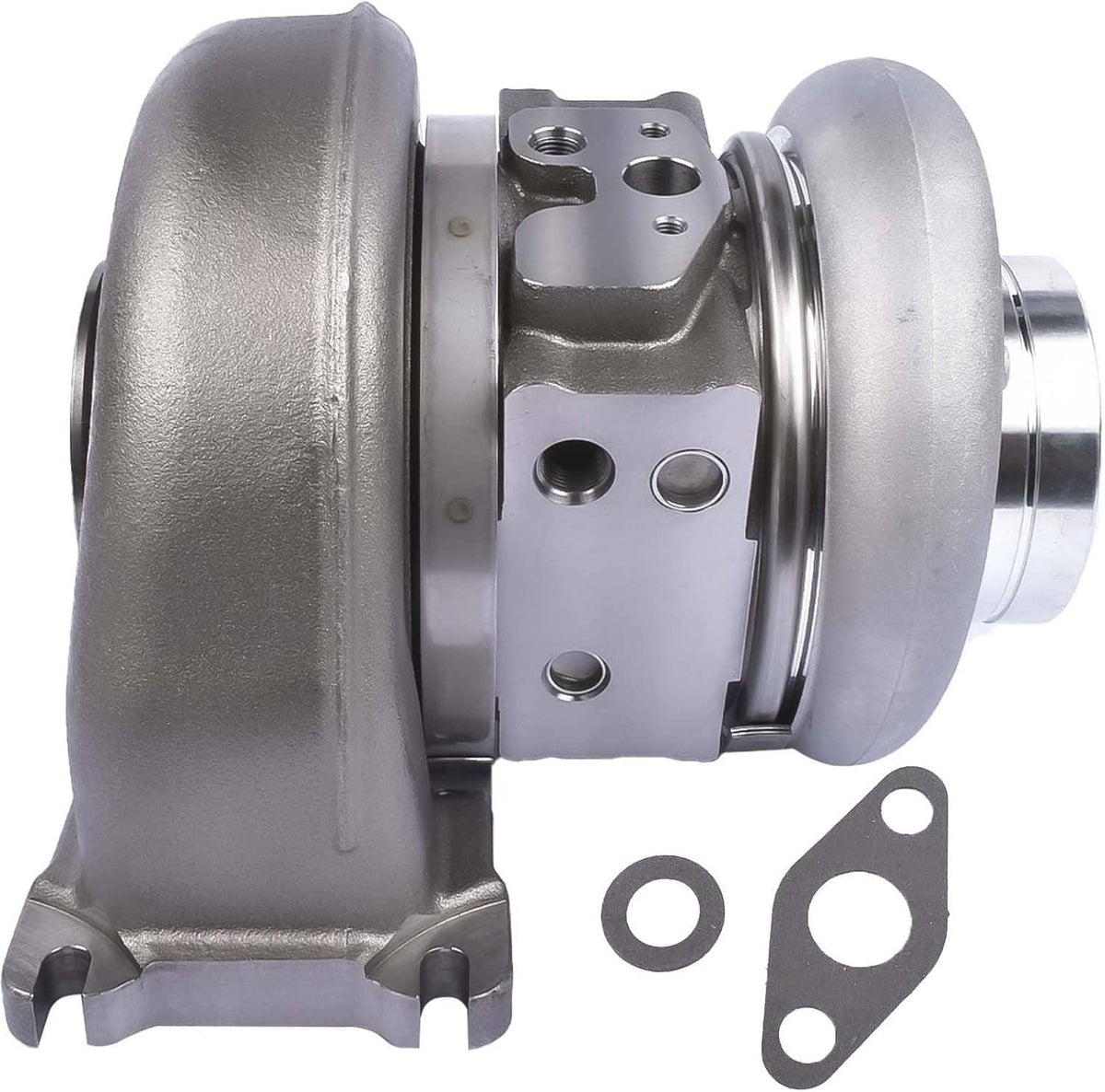 Turbocharger with side plate and compressor outlet, with two gasket pieces included