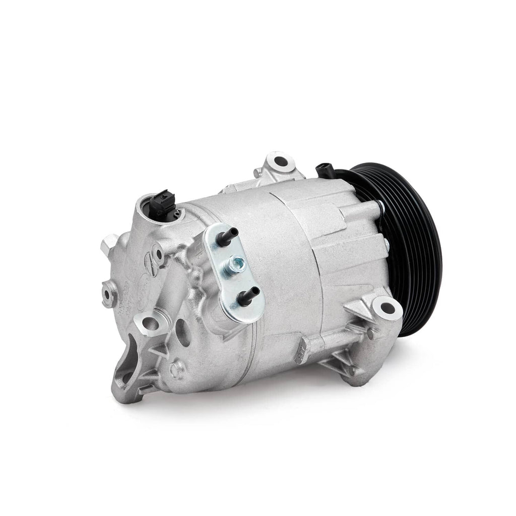 A/C compressor with clutch, angled view showing silver body and black pulley