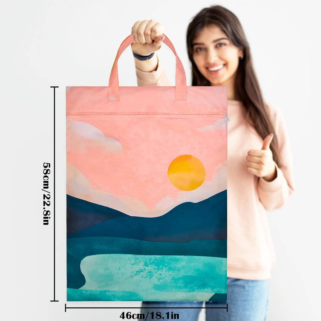 Pink landscape print waterproof laundry bag with top handle and large capacity