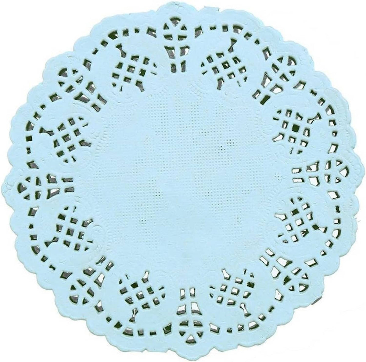 Round blue paper lace doily with scalloped edge and geometric cutout pattern