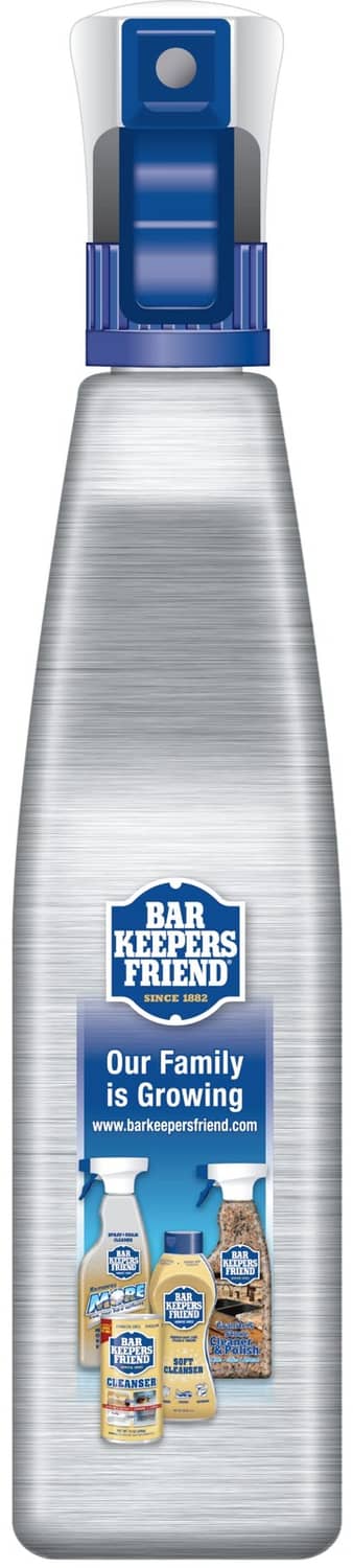 Bar Keepers Friend stainless steel cleaner spray bottle with blue trigger, front label
