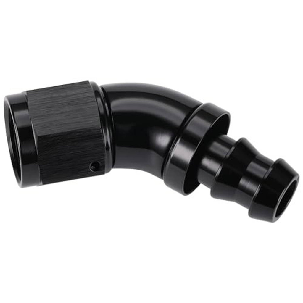 Black 45-degree push-lock hose elbow with textured mounting section