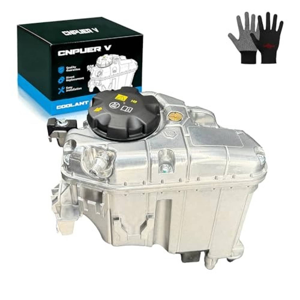 Coolant expansion tank with black cap and silver aluminum body, side mounting details