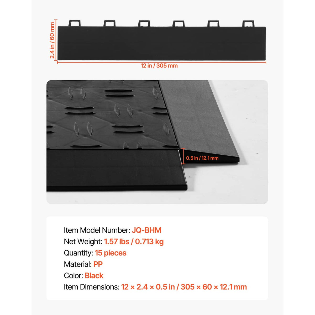 Black interlocking garage floor edge mat with textured tread and thickness marking