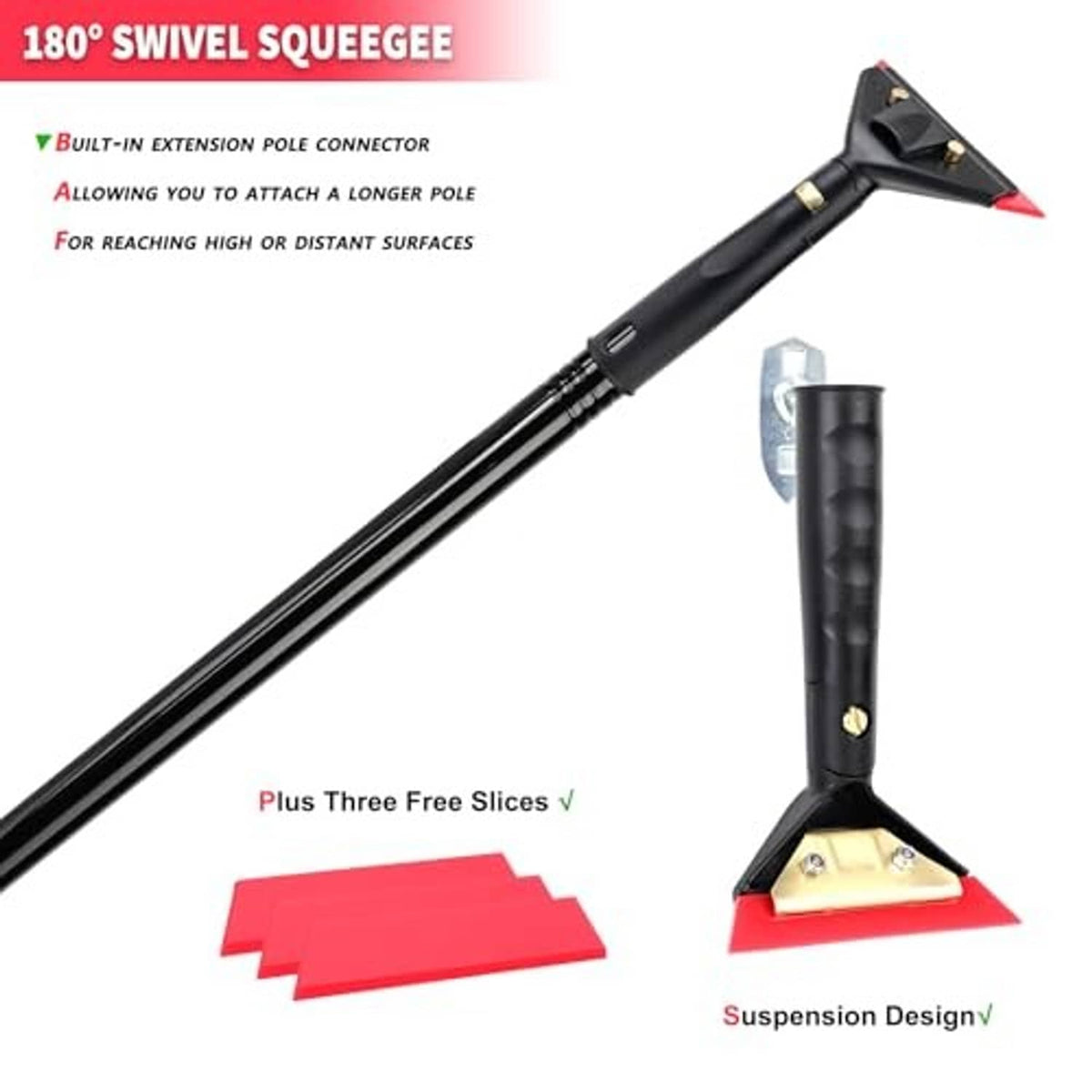 Swivel window squeegee with extension pole connector and red replacement blades