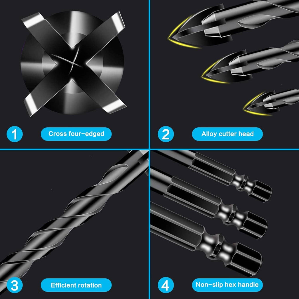 Masonry drill bit head design diagrams: cross four-edge, alloy cutter tip, non-slip handle
