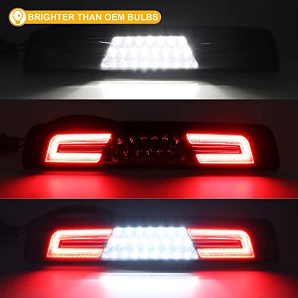 Smoked LED third brake light with bright red strips and white center LED array