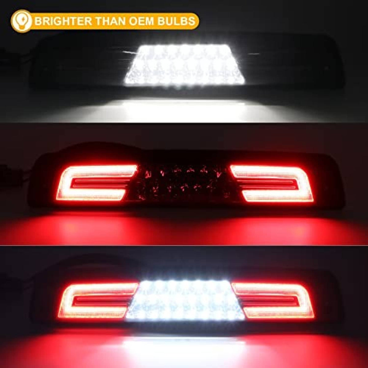 Smoked LED third brake light with bright red strips and white center LED array