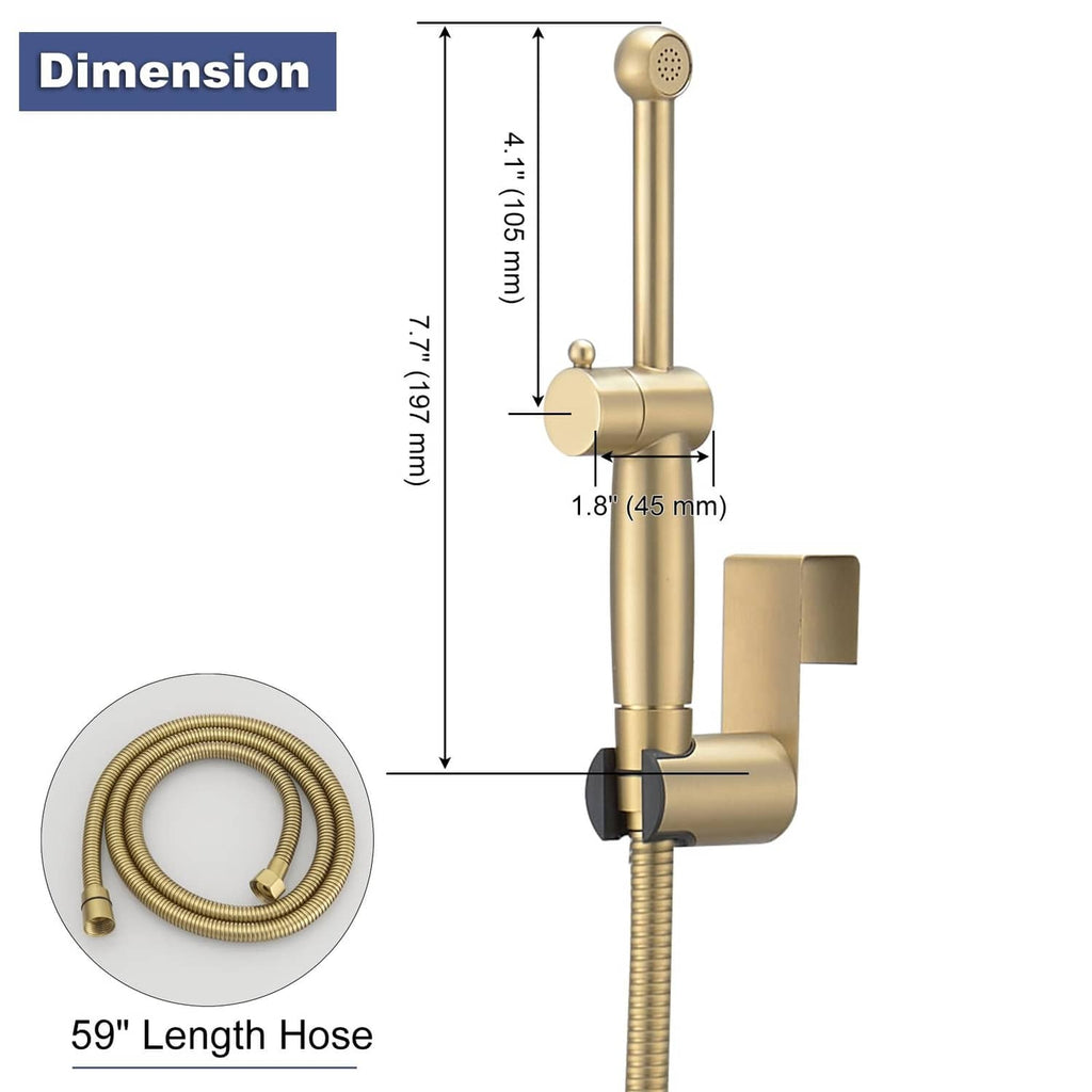 Gold bidet sprayer dimension diagram with tall mount, handset, and long flexible hose