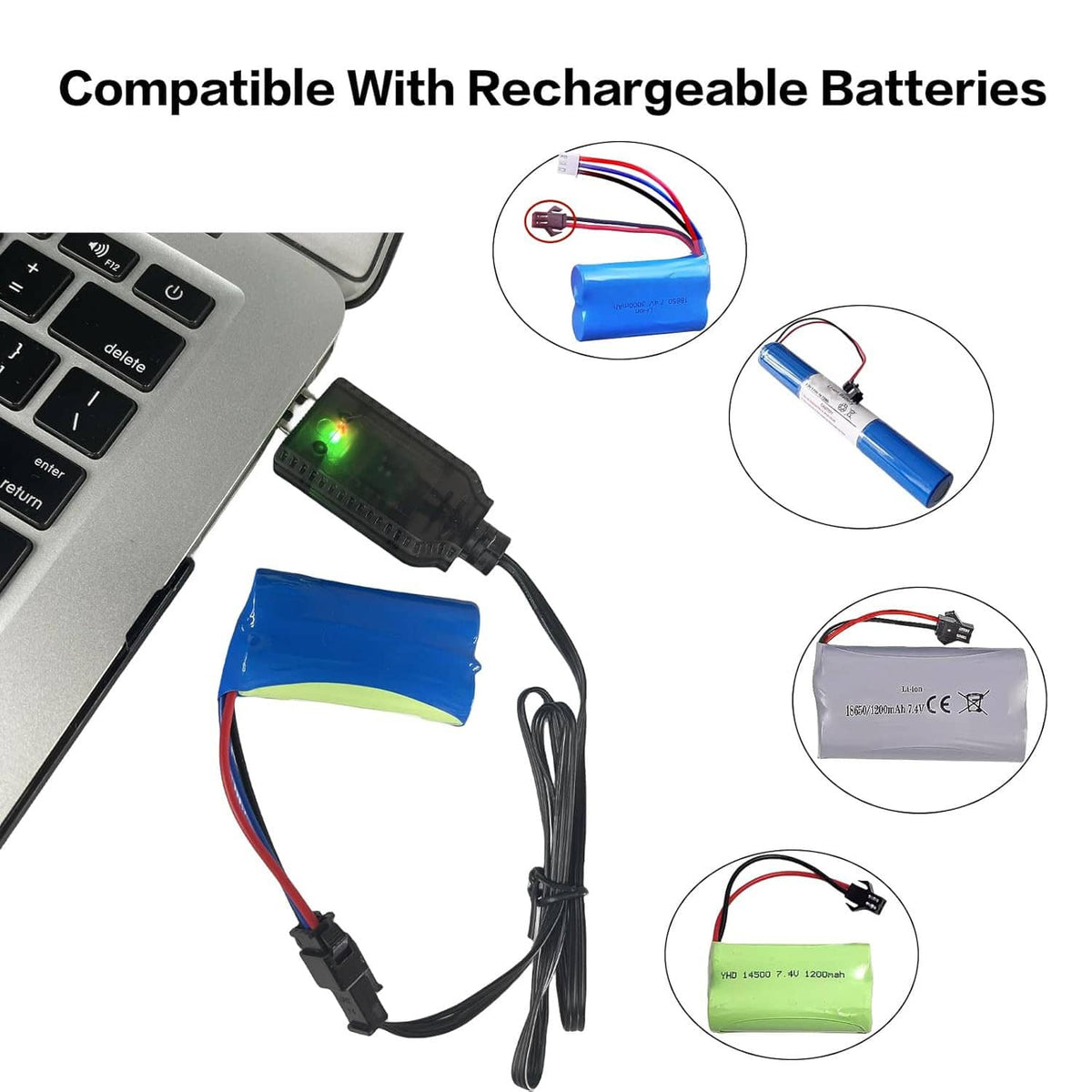 USB battery charger cable with blue pack and black SM-2PIN connector, with LED power indicator