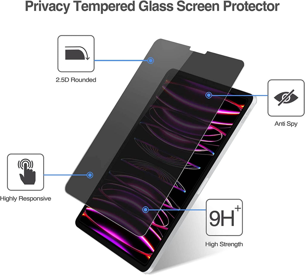 Tempered glass privacy screen protector with 2.5D rounded edges and 9H strength